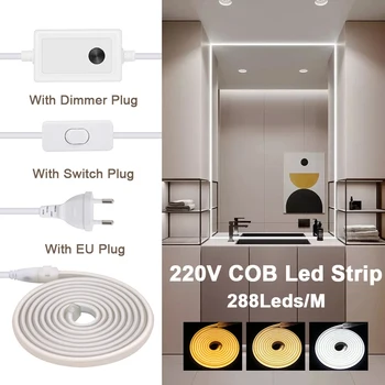 Szabályozható 220V COB Neon LED Szalag 20M 30M 50M 288LEDs/m Vízálló Cuttable COB Led Szalag Szalag Fény A Szobában EU Kapcsoló Csatlakozó