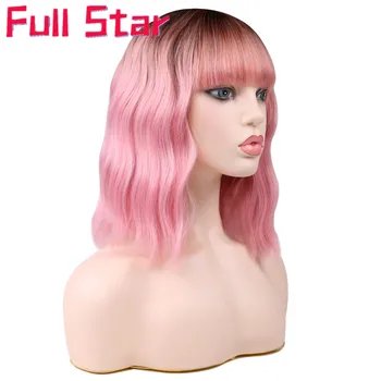 A teljes Star Rövid, hullámos paróka, a nő Afro-Amerikai szintetikus haj, Rózsaszín Ombre Narancssárga parókát a Frufru hőálló Cosplay Paróka