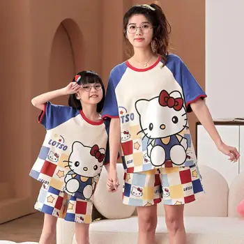 Aranyos Sanrio Pamut Szülő-Gyermek Otthoni Ruha Kuromi Hello Kitty Rajzfilm Nyári Laza Pizsama Szett Aranyos Gyerekek Homewear Lány Ajándék