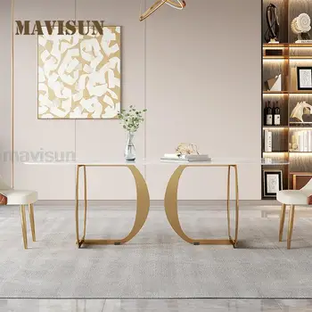 Európai Stílusú, Fehér Márvány Kő Top Design Étkező Asztal Modern Minimalista, Téglalap alakú, Magas, Fényes Asztal Arany Bútorok