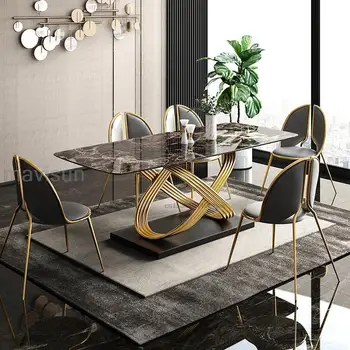 Modern Étkező Asztal Rozsdamentes Acél, Fekete, Fehér Asztal Tetején Hat Ember Otthon Téglalap Luxus Márvány Konyha Asztal