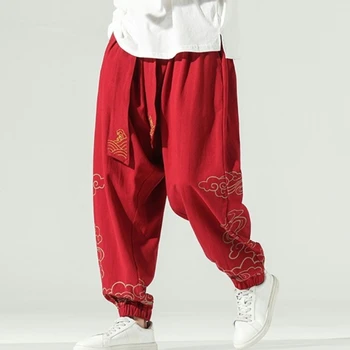 A férfi Széles Láb Nadrág Harajuku Pamut Ágynemű Alkalmi Nadrág Férfi Hímzett Új Melegítő Jogging Streetwear