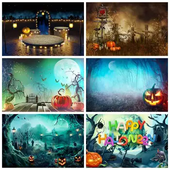 Halloween Dekoráció, Fotózás, Háttérben A Gyerekek Mesebeli Erdőben Tök Fények Temető Madárijesztő Kastély Fél Haza Fotó Háttér