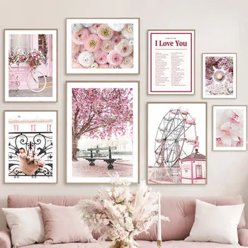 Rózsaszín Sakura Rózsa, Bazsarózsa Párizs Friss Virág Táj, Poszterek, Nyomatok Vászon Festmény Wall Art Képek Nappali Lakberendezés