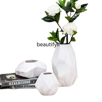 lt Erezettel Kerámia Váza Északi Fehér Geometriai Díszek Nappali virágkötészeti Hamis Virág Étkező Asztal, Puha Ruhát