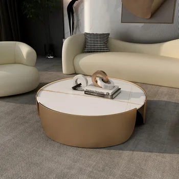 Északi modern, kör alakú rock lemez, fém, dohányzóasztal, világos luxus oldalsó asztal, a sarokban asztal nappaliba