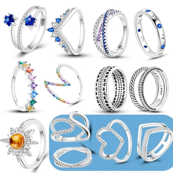 Új 925 Ezüst Gyűrű Színes Szív Cirkon Gyűrű Geometriai Dupla Gyűrű Korona Lapos Gyűrű, Ékszerek, Koktél Party Női Gyűrű