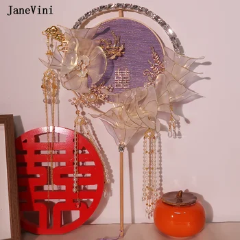 JaneVini 2023 Luxus Kristály Lila Menyasszonyi Csokrok Rajongó Típus, Hosszú Fogantyú Fém Rajongók Kézzel Készített Virágok Kínai Esküvői Kiegészítők