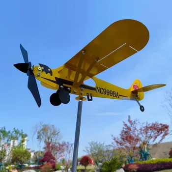 3D Kert Dekoráció Piper J3 Kölyök Szél Spinner Gép Fém Repülőgép szélkakas Kerti Tető Szél Irányát Jelző WeatherVane