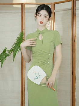 Új Kínai Stílusú Vezető Zöld Jacquard Modern Fiatal Párt Cheongsam Ruha Női Rövid Ujjú Divatos, Elegáns Ruha Vestidos