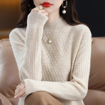 Tavaszi, őszi új női pulóver, 100% tiszta gyapjú O-nyak üreges kötött pulóver koreai divat puha női kabát.