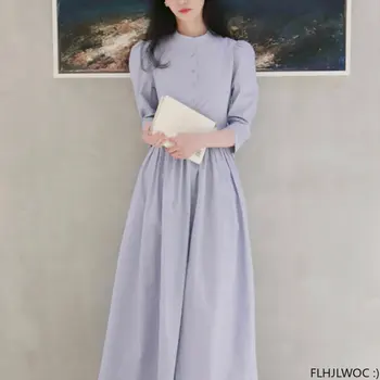 Japán Korea Elegáns Design Dátuma Lányok, Nők 2023 Office Lady Egysoros Gombot Szilárd Vintage Retro Hosszú Maxi Basic Póló Ruha