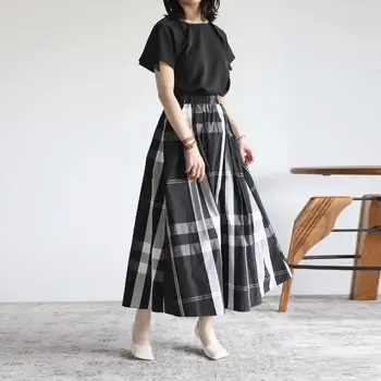 A Nőknek Hosszú Szoknya, A Kockás Szoknya Nyári Magas Derék Japán Koreai Stílus A Derék Rugalmas Szoknya Harajuku Midi Szoknya Streetwear