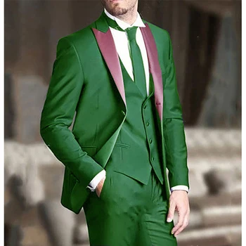 Jelmez Homme Zöld Patchwork Férfi Öltönyök Esküvő Vőlegény Szmoking Terno Masculino Slim Fit Bál Slim Blézer 3 Db Kabát+Nadrág+Mellény