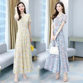 Zúzott virágos chiffon ruha női új 2021 nyári koreai változata a népszerű temperamentum vékony, hosszú fedél nagy ruha dagály