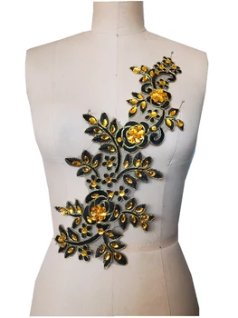 2019 forró eladó kézzel készített fekete-arany kristály javítás varrott strasszos applied a flitterekkel sequin gyöngyök 36 * 15cm ruha szoknya