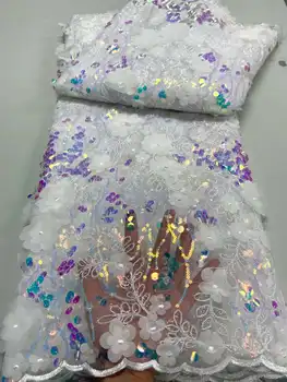 2023 ÚJ, Magas Minőségű Divat Afrikai Tulle Hímzés 3D Virág Csipke Anyagból, fehér Flitterekkel Esküvői Ruha Fél Varrás