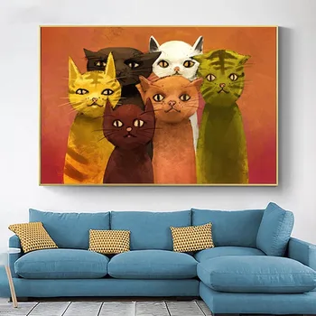 Rajzfilm Hat Aranyos Macskák Wall Art Képek, Modern Lakberendezési Poszter Nyomatok Baba Szoba Dekoráció Cuadros Vintage Vászon Nyomatok