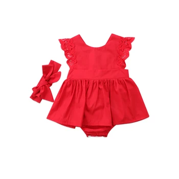 Újszülött Csecsemő Lányok Aranyos Pamut Rövid Ujjú O-Nyak Tartozó Gomb Piros Csipke Body Playsuit Fejpánt 2DB Ruhát 0-24M