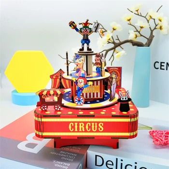 DIY Cirkuszi Zene Doboz Fából készült Modell épületszerkezetek 3D-s Kirakós Közgyűlés Játékok Gyerekeknek, Születésnapi Ajándékok Otthoni Dekoráció